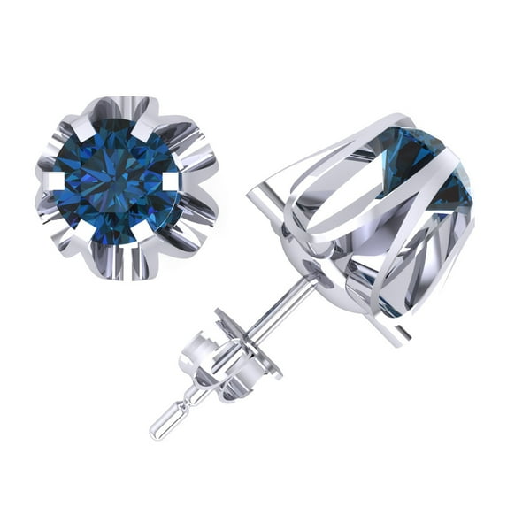 1.50Ct Round Blue Diamond Buttercup Stud Earrings 14k White Gold Prong Push Back I2