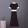 thumbnail image 4 of Women's Color Block Collared Knit Midi Dress, Short Sleeve Slim Waist Bodycon Dress, Elegant Fitted Sweater Dress for Fall Winter Daily Outfits Coffee L(L), 4 of 7