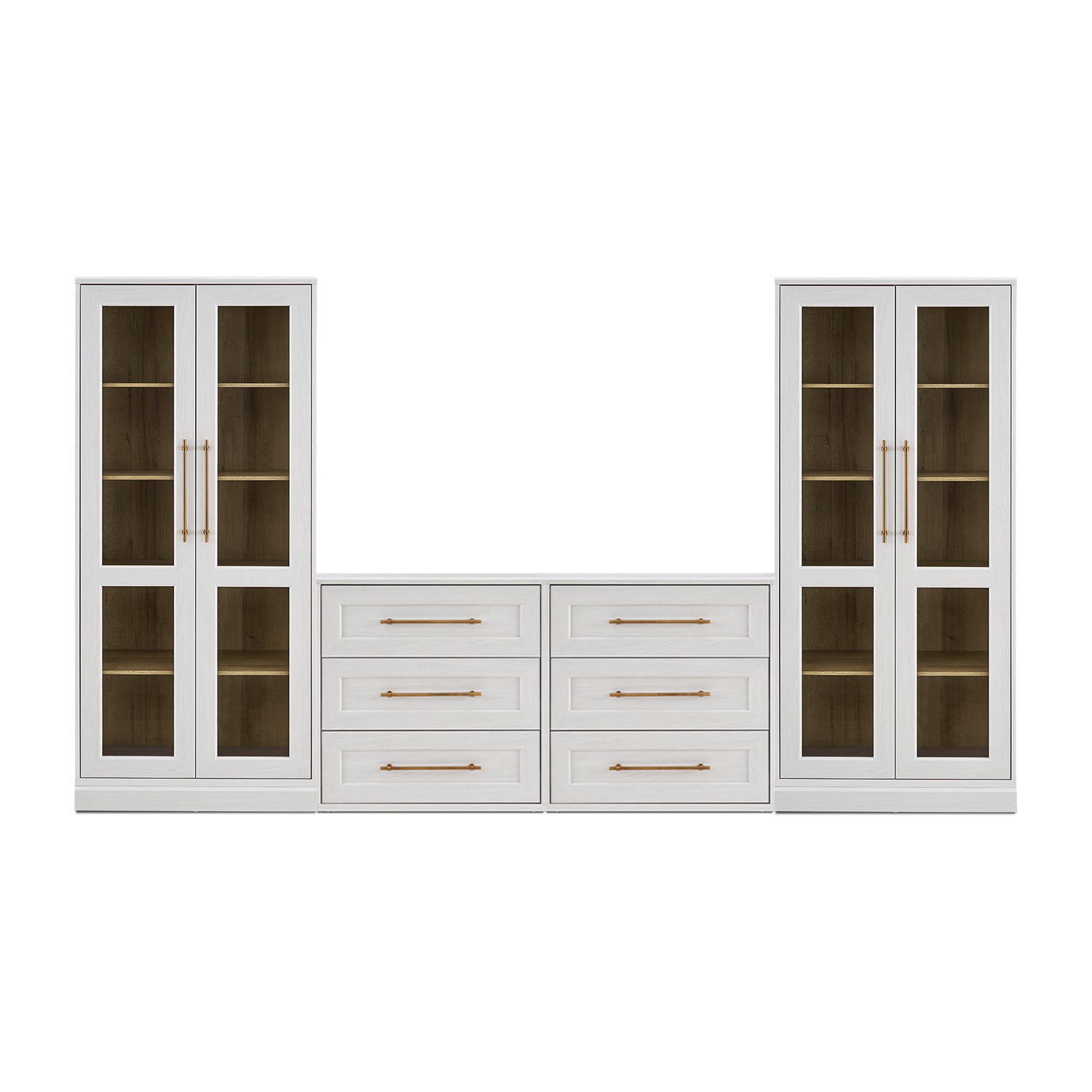 Blake 4 Piece Entertainment Center with Storage, Dresser TV Stand with Tall Display Cabinets, White Oak