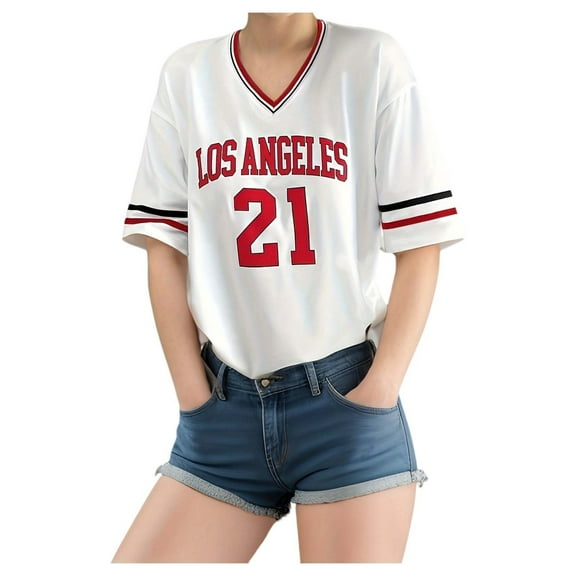 Women's Athletic T-Shirts for Casual Wear Loose Fit V Neck Letter Print Short Sleeve Top for Everyday Comfort and Style