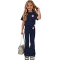 thumbnail image 2 of Big Girls Summer Outfit 5-15 Years, Print Short Sleeve T-Shirt and Bell Bottom Pants 2 Piece Set Casual Clothes for Kids School Navy, 2 of 6
