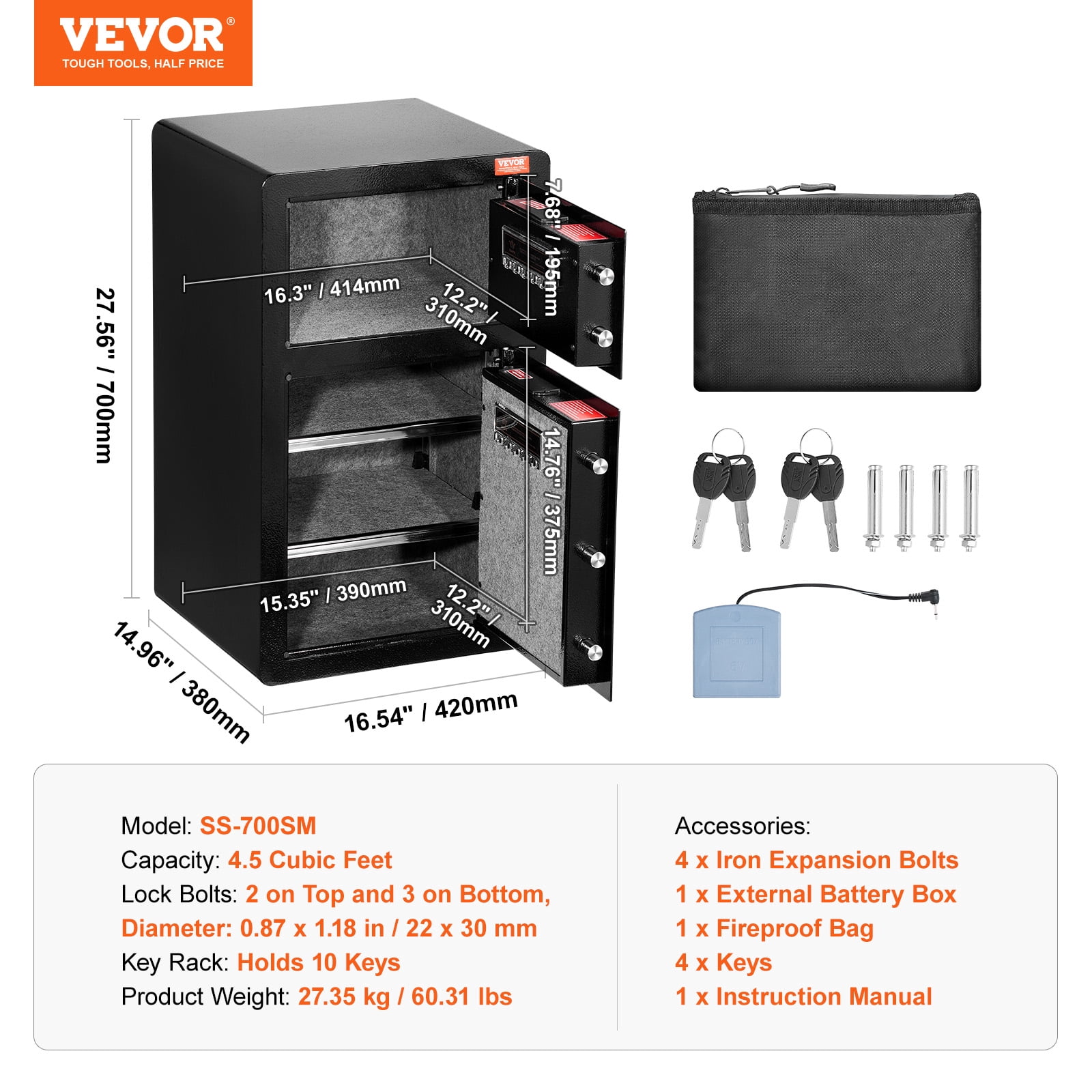 VEVOR Double Doors 4.5 cu.ft Safe Box with Key Lock & Password,Safe Lock Box with Fireproof Bag, Key Rack, LED Light and 2 Height Adjustable and Removable Divider for Money,Documents, Jewelry, Black