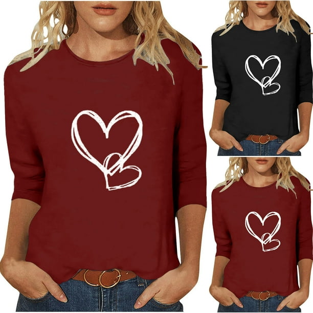 RKSTN Valentine's Day 3/4 Sleeve Tops for Women Oversized Crewneck Valentines Graphic Print Short Sleeve T Shirt Womens Casual Solid Round Neck Loose Comfy Three Quarter Sleeve Shirt Spring Clothes