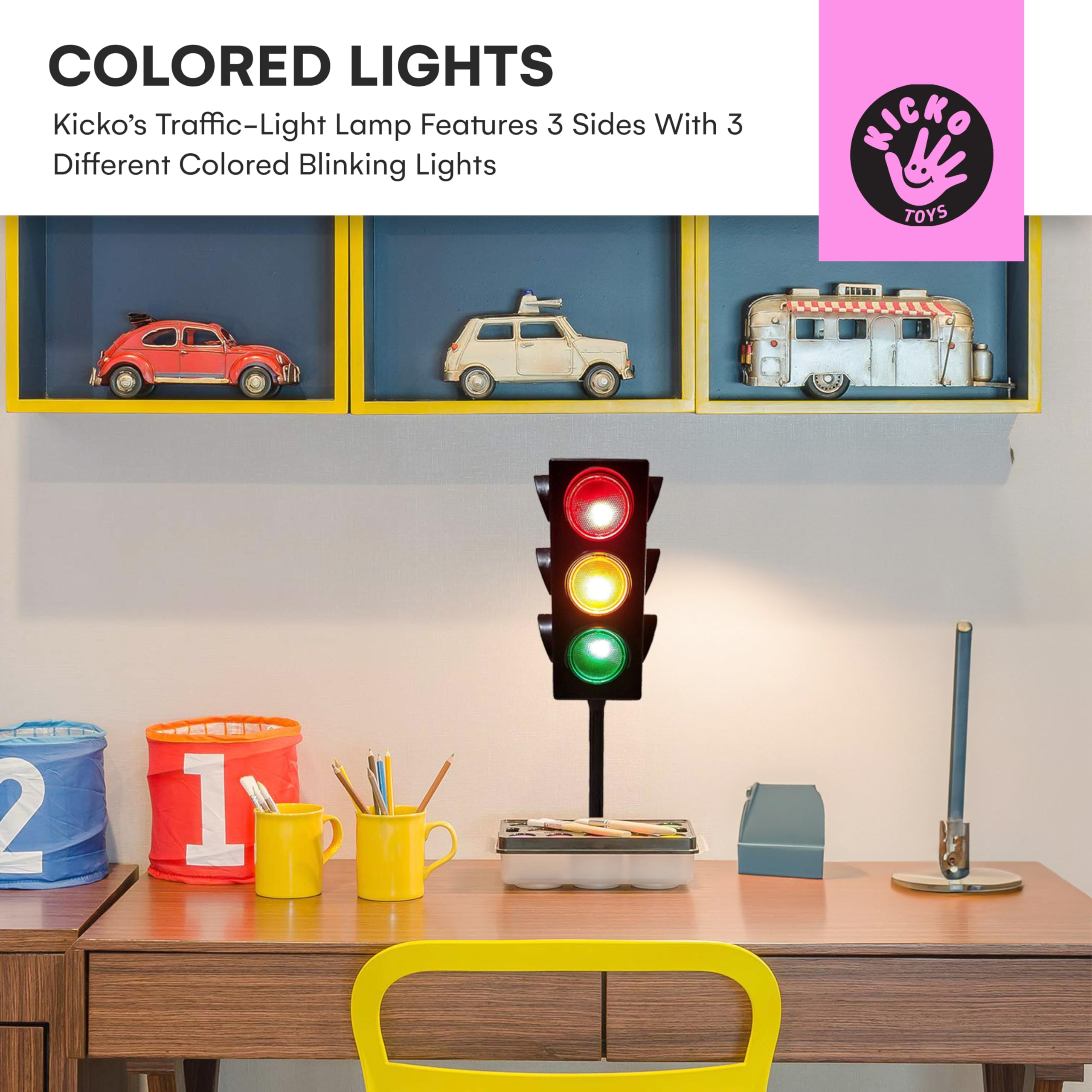 Kicko Lampada Semaforo Da 28 Cm Con Base – 4 Modalità Di Cambio Colore (Rosso, Giallo, Verde) – Luce LED USB O A Batteria – Decorazione Per Camera Bambini, Festa A Tema, Sala Giochi