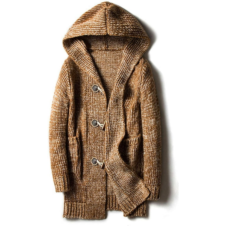 PuliPuqi Men s Chunky Toggle Button Mid Length Knitted Cardigan Sweater Attached Hood Walmart