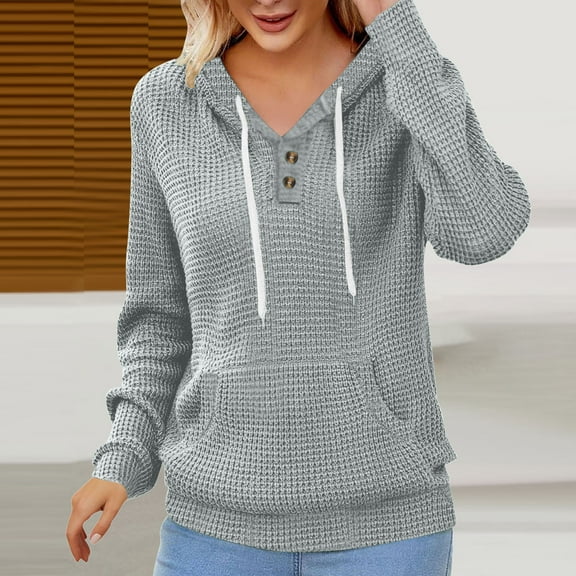 AGWOLF Waffle Knit Hoodies for Women Trendy Long Sleeve Tops Comfy Button V Neck Hooded Sweatshirts Loose Fit Fall Pullover