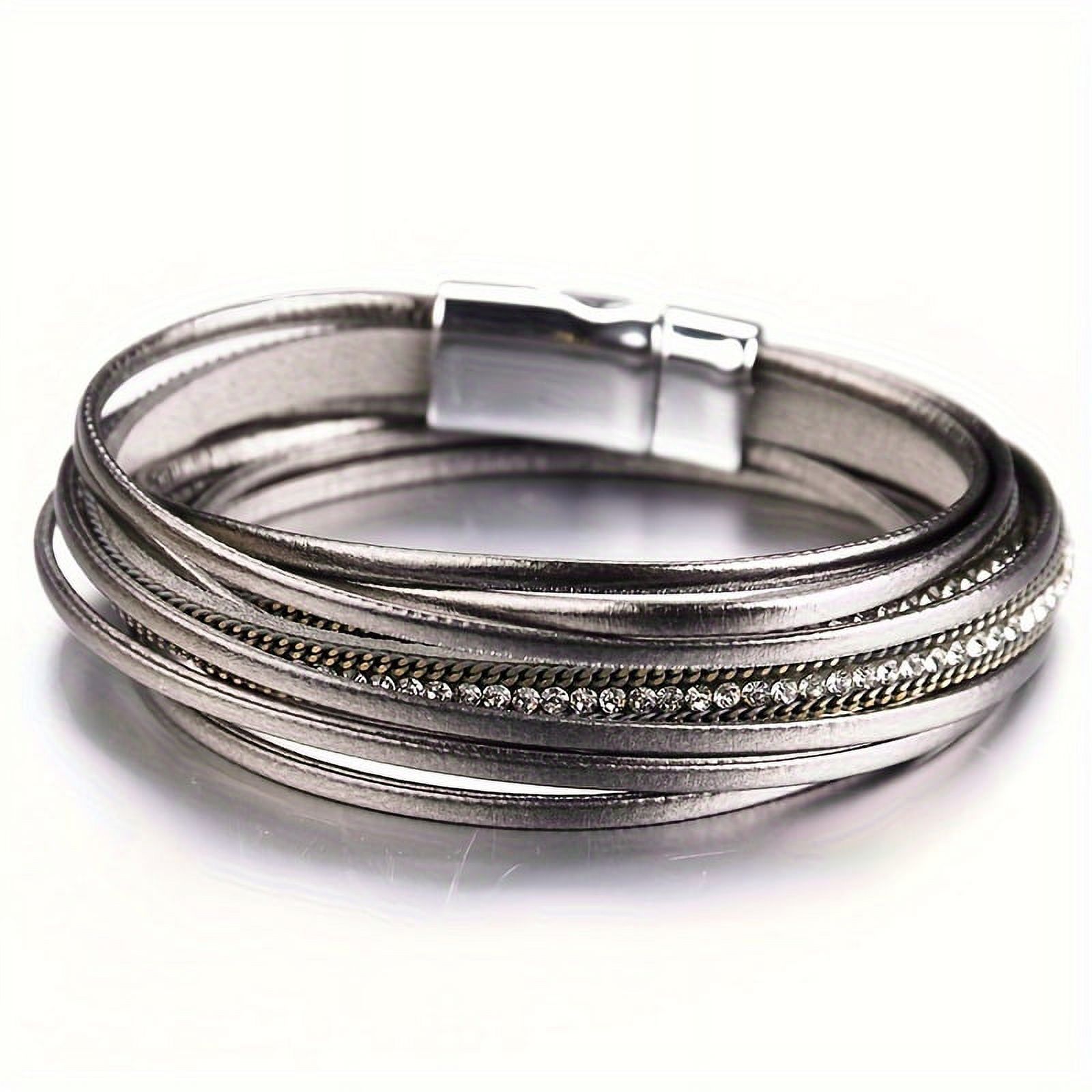 1pc Multi-Layered Leather Bracelet for Men Women, Stylish Design Double Wrap Long Bracelet with Rhinestones, Party Jewelry, Gifts for Home Girlfriend Boyfriend, Bracelets for Couples