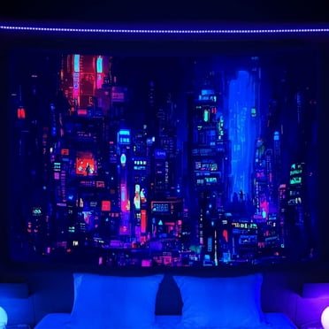 Blacklight Punk Cityscape Tapestry, UV Reactive Japanese Anime Tapestry Neon Futuristic Skyscraper City Style Landscape Tapestry for Bedroom Apartment Dorm Living Room Party Decor 60X40IN