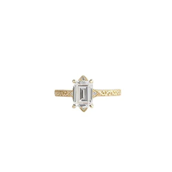 HeartsAndYou 2ct Emerald Cut Moissanite Engagement Ring for Women Milgrain Filigree 18k Yellow Gold over Silver
