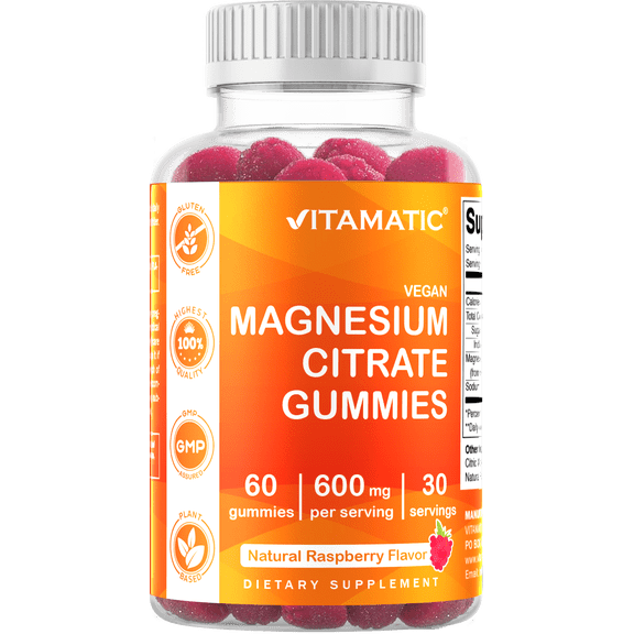 Vitamatic Magnesium Gummies 600mg per Serving - 60 Vegan Gummies - Promotes Healthy Relaxation, Muscle, Bone, & Energy Support