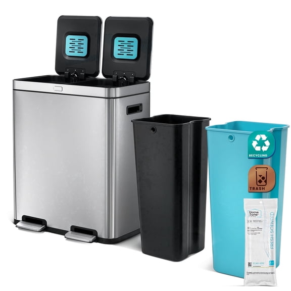 Home Zone Living 16 Gallon Dual Compartment Kitchen Trash Can with CleanAura Odor Control and Step Pedal, Stainless Steel, Silver, 60 Liters Total