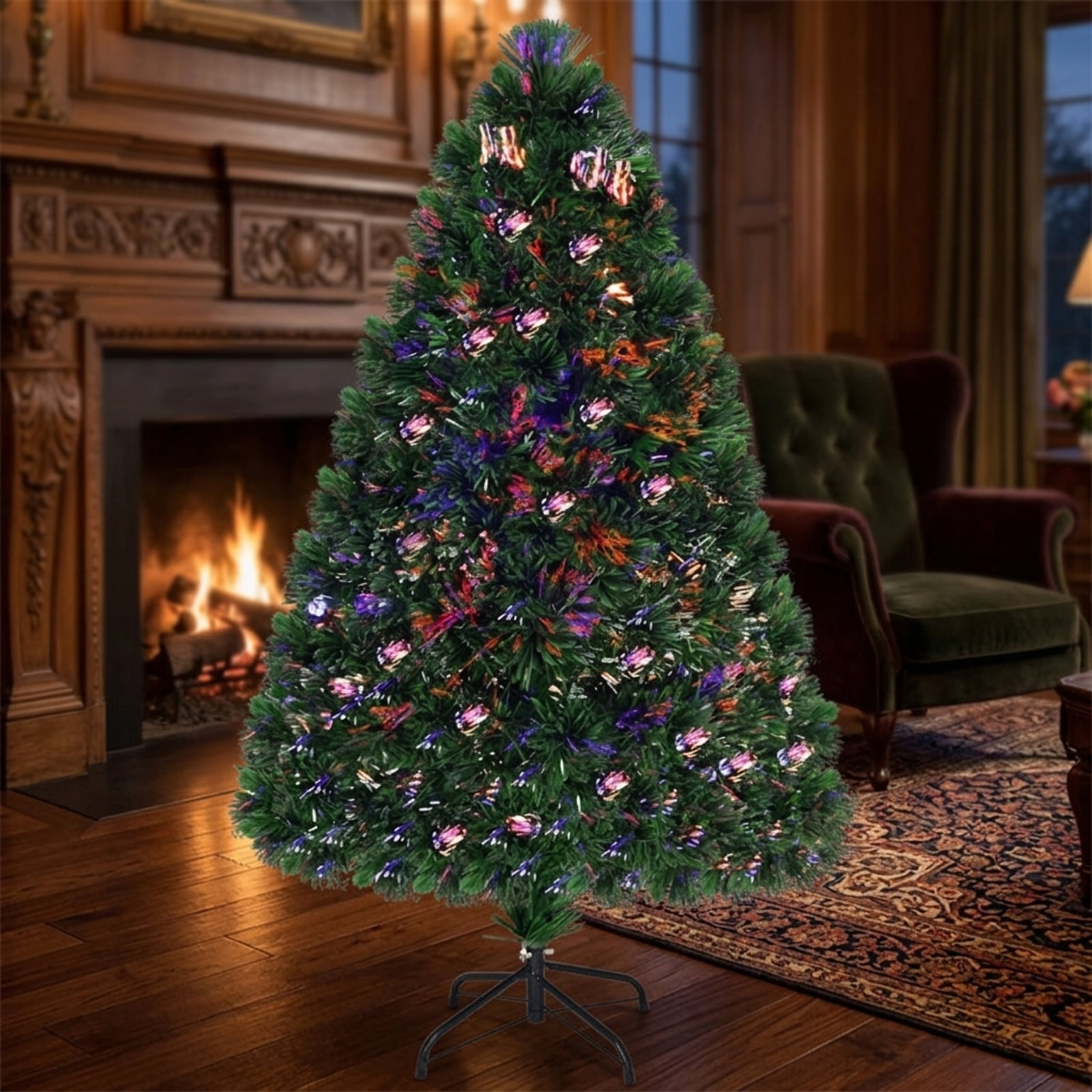 RUIE, 4 ft, Pre-Lit Artificial Christmas Tree, Small Fiber Optic Tree, 125 Branch Tips, Green, Hinged Branches for Christmas Party Living Room Decor