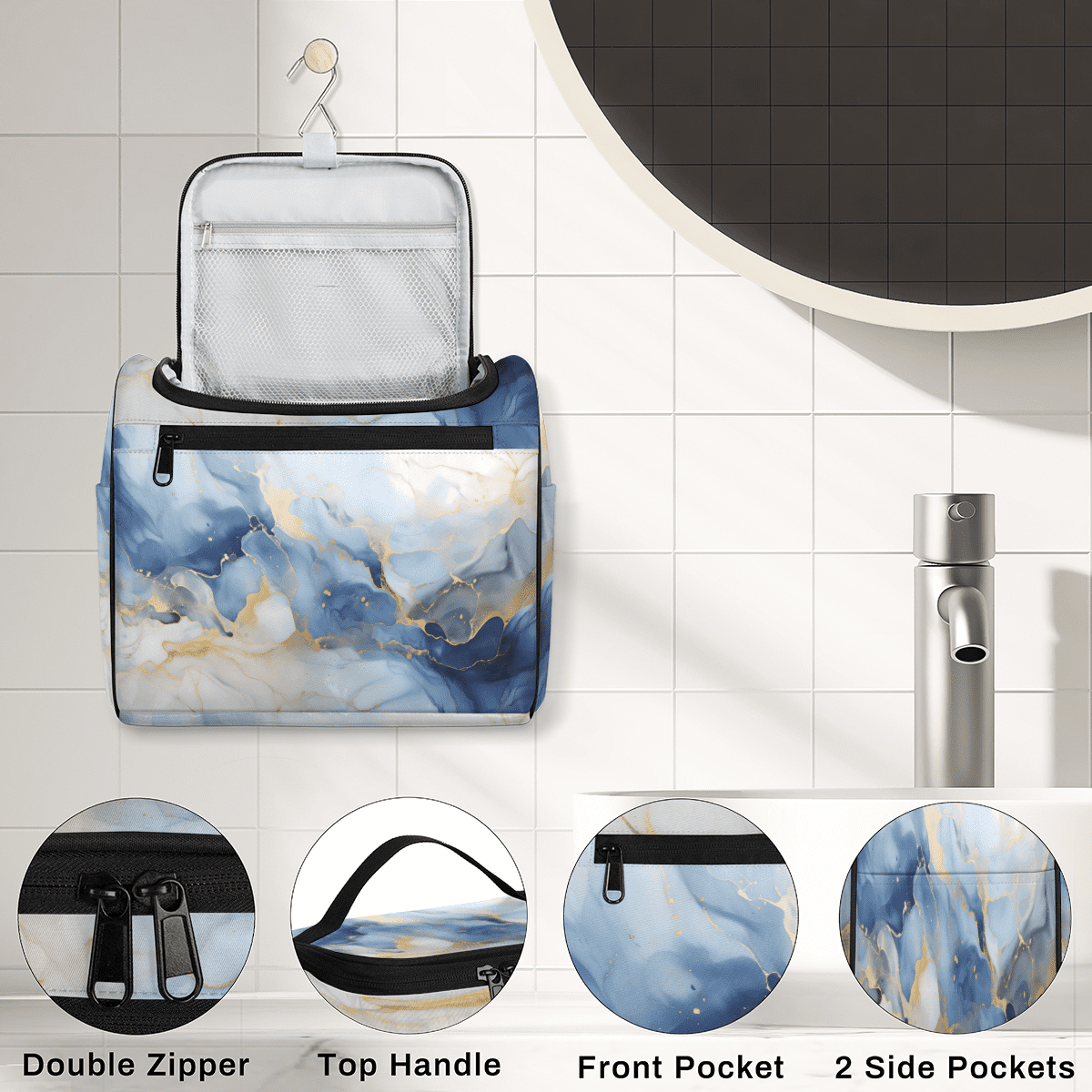 Herdesigns Marble Toiletry Bag for Women, Travel Makeup Bag, Waterproof Hanging Cosmetic Organizer for Toiletries & Makeup Essentials