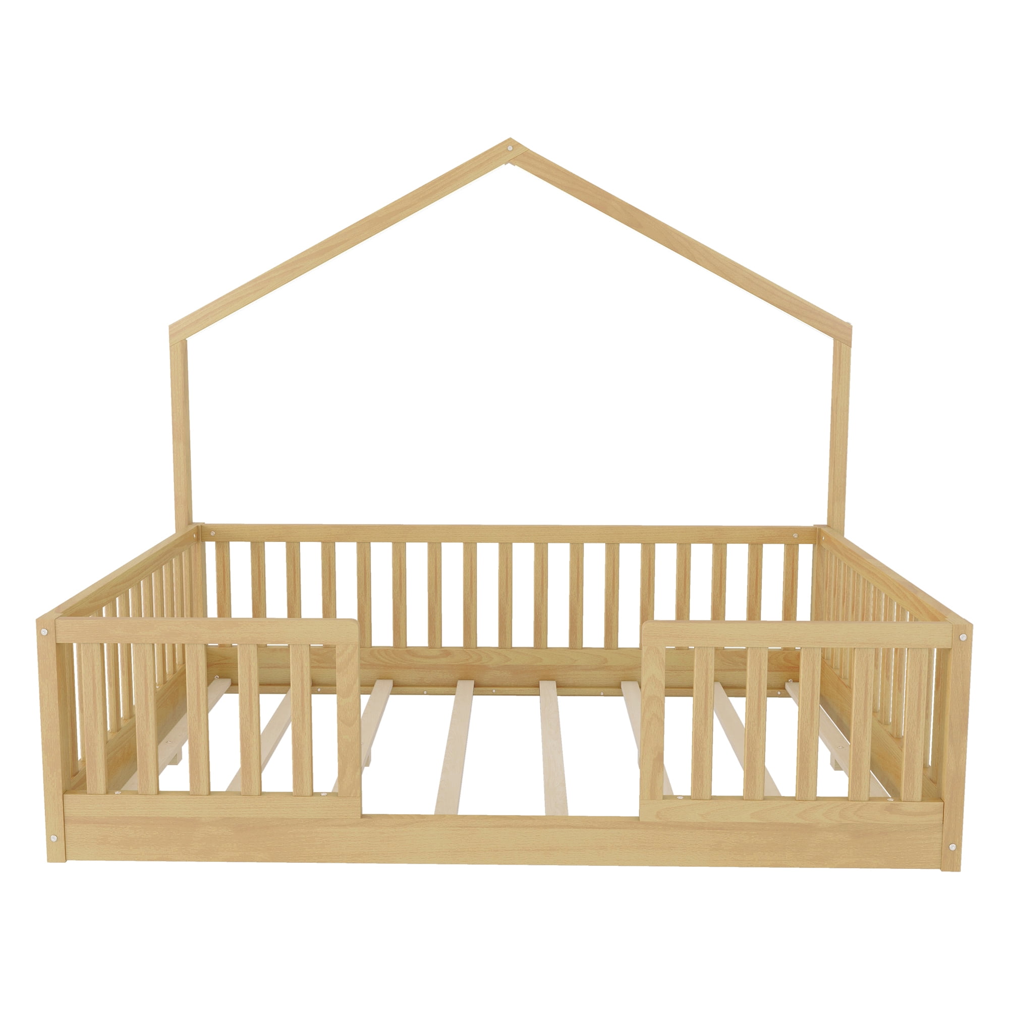 Euroco Wood Full Size Floor Bed with LED Light, Natural