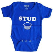 Funny Baby Bodysuit Coverall with Snaps for Newborn, Infant and Toddler 6M, 12M, 18M Humor Prints 12-18M, Stud Muffin Blue