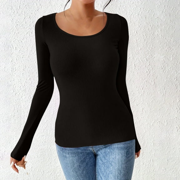 EchfiProm Long Sleeve Tops for Women Pullover Black Ribbed Fall Slim Fit Crew Neck Womens Undershirts
