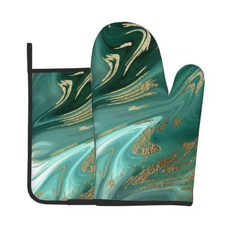 

Xecao Green And Gold Marble Pattern Oven Mitts and Pot Holders Sets Heat Resistant Silicone Oven Mittens Extra Thicken Long Kitchen Cotton Oven Glove for Cooking
