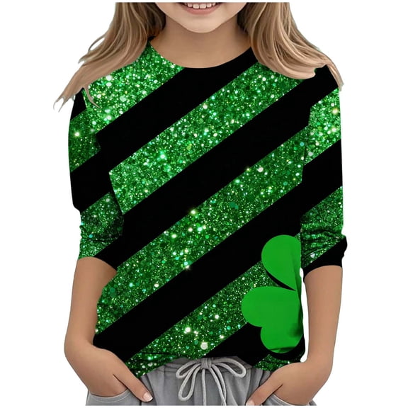 St.Patricks Day Shirts Kids Crew Neck 3/4 Sleeve Festival Print Pullover Tops Casual Loose Holiday Party Tees (13 Years, Green-Y)