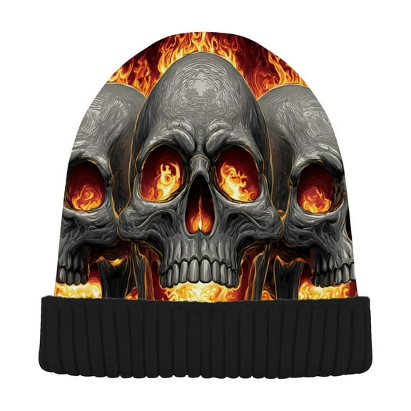 joogoo Skull with Flame Beanie Hats Cuffed Winter Warm Knit Thick Beanies