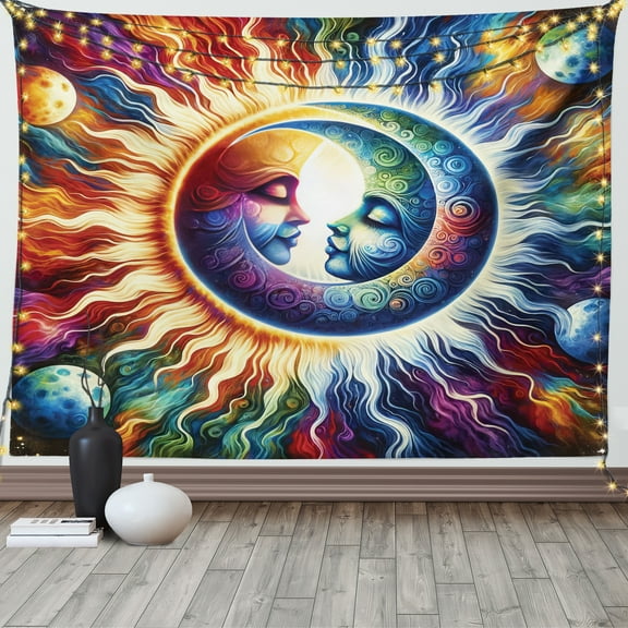 Ambesonne Trippy Tapestry Wall Hanging, Jumble Colors Sun and Moon, 80"x60", Amber Multicolor