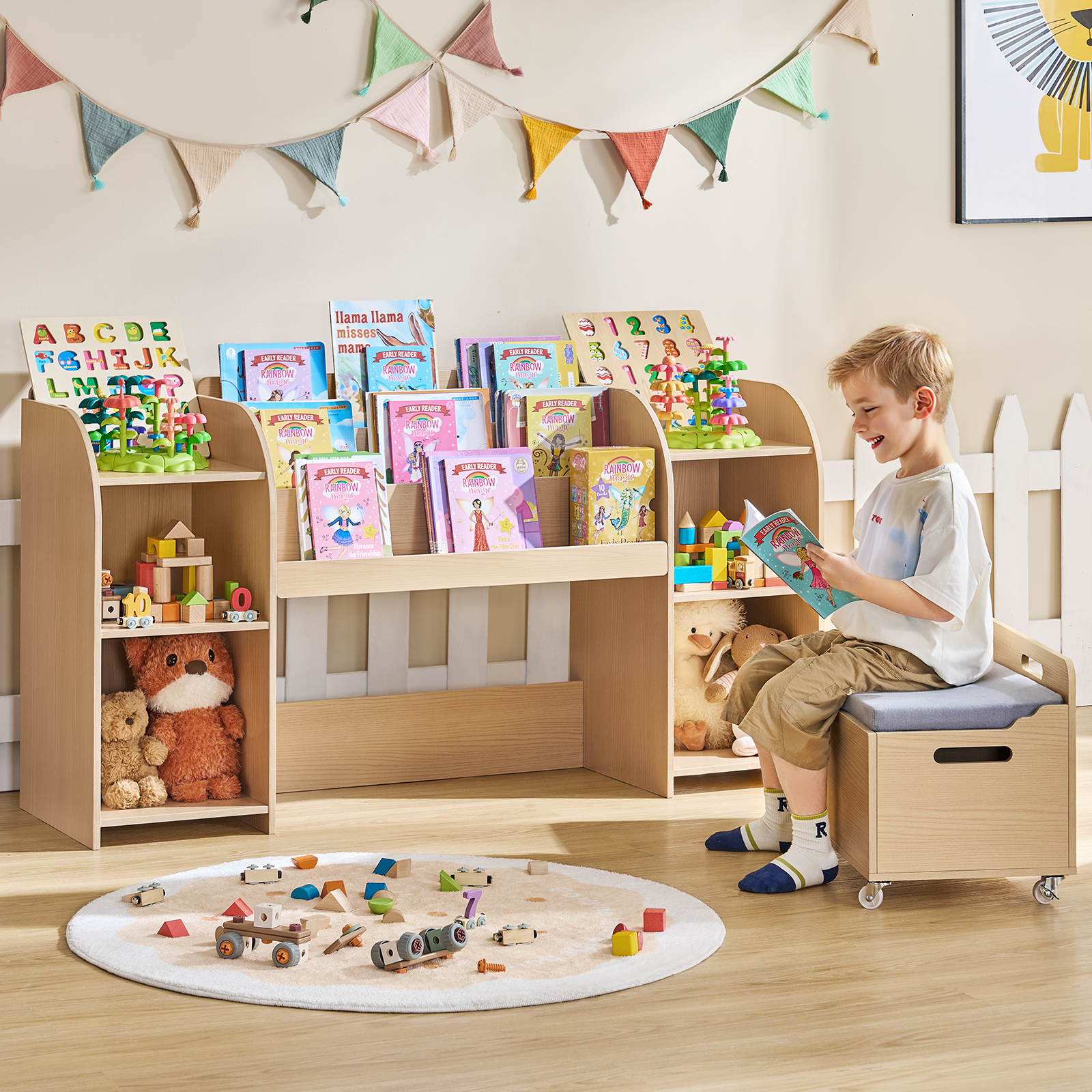 ROGALIS Kids Bookshelf with Reading Nook, 55.2" Toy Storage Organizer with Movable Bench with 3 Storage, 3-Tier Bookshelf, 6 Storage Cubbies for Bedroom, Playroom