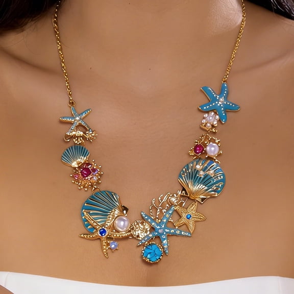 Women's Bohemian Blue Enamel Starfish Seashell Statement Bib Necklace, Alloy Imitation Pearl Rhinestone Summer Beach Vacation Jewelry