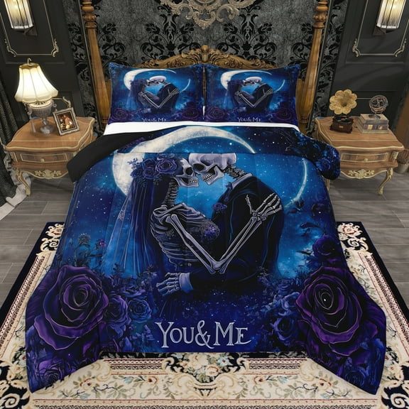 Manfei Romantic Couple Skull Bedding Comforter Set for Lover, Romantic Blue Rose Flower Twin Comforter Sets, Dreamy Glitter Moon Reversible Bedding Set, Lightweight Room Decor, 2pcs