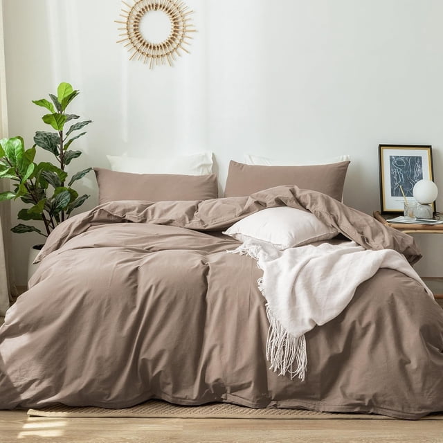 Bedding Duvet Cover Set Washed Cotton Linen Like Textu Breathable Durable Soft Comfy (Tannish Linen Grey Queen)