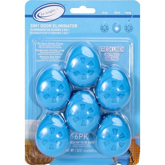 Air Jungles 3-in-1 Odor Eliminator Balls, Fresh Linen, 6 Count, Deodorizer and Odor Remover for Shoes, Gym Bags, Lockers, Closets, Hampers, and Drawers, Essential Oil Air Freshener