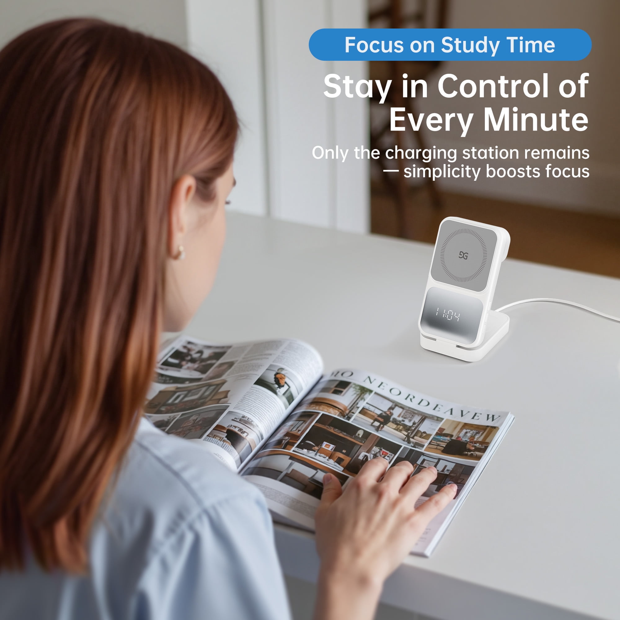 GUSGU MagTime 4-in-1 Charging Station, Foldable Wireless Charger Stand with Time Display for iPhone/Android, White