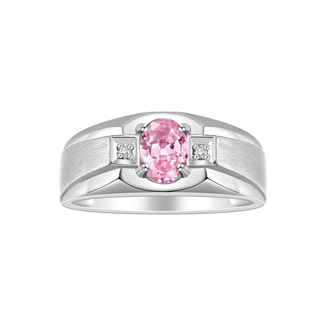 RYLOS Men's Rings Sterling Silver Classic 7X5MM Oval Gemstone & Diamond Ring Pink Ice October Birthstone Rings For Men, Silver Rings, Size 9