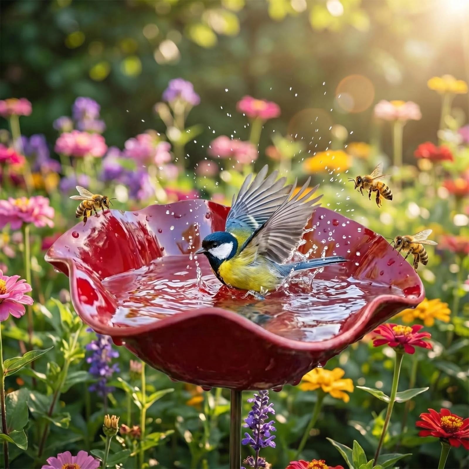Handmade Metal Flower Garden Stake, Bee Bath & Bird Water Feeder, Shallow Basin Design, Colorful Bee Bath Bowl for Outdoor Yard Patio Garden Ornament