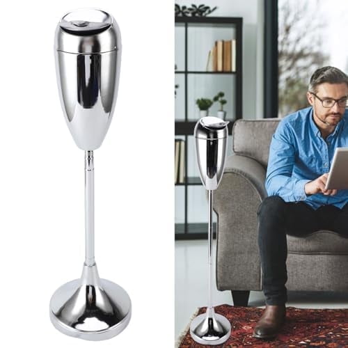 ACDANC Tall Outdoor Standing Ashtray with Lid, Adjustable Height from 21.5" to 34.8" for Home, Patio, Outside Windproof Cigar Ash Tray Cigarette Butt Disposal (Silver)