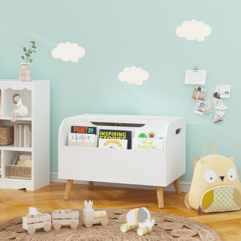 Tcbosik Storage Chest with Front Bookshelf, Modern Wood Toy Box Organizer with Safety Hinge and Flip-Top Lid, Entryway Storage Bench, Easy Assembly, White