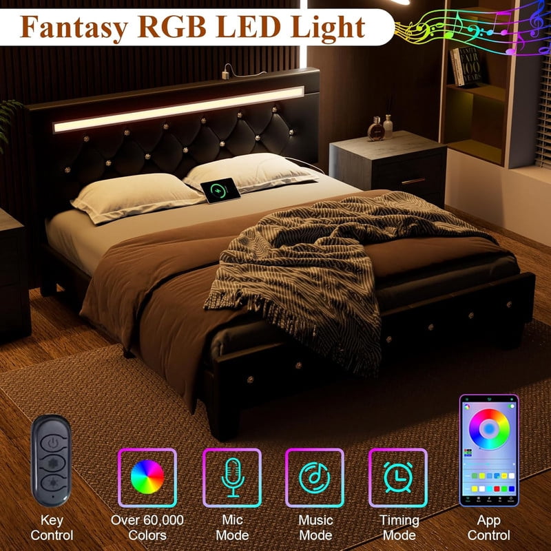 LED Queen Bed Frame with Charging Station, Faux Leather Upholstered Platform Bed with Adjustable Diamond Crystal Headboard, Solid Wood Slats Support, No Box Spring Needed, Noise Free, Black