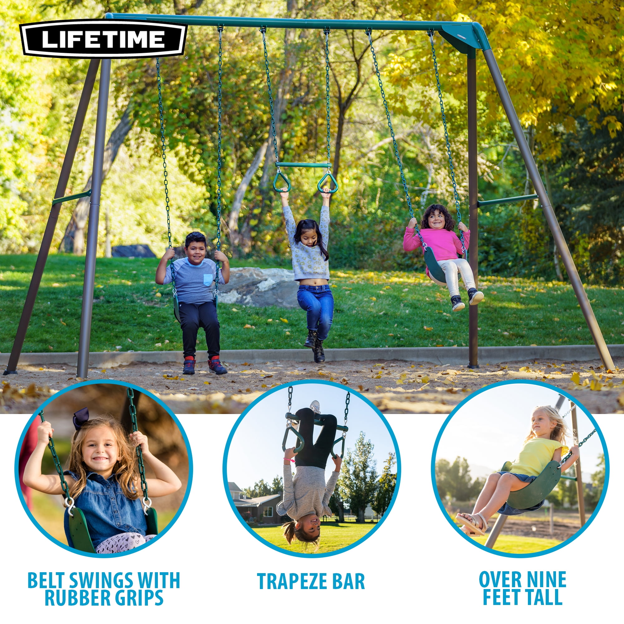Lifetime Kid's Metal Swing Set with 2 Belt Swings and Trapeze Bar - 9 feet (91137)
