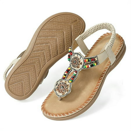 

Summer Casual Boho Flat Sandals for Women Cute Beach Comfortable Beaded Braided Dress Shoes