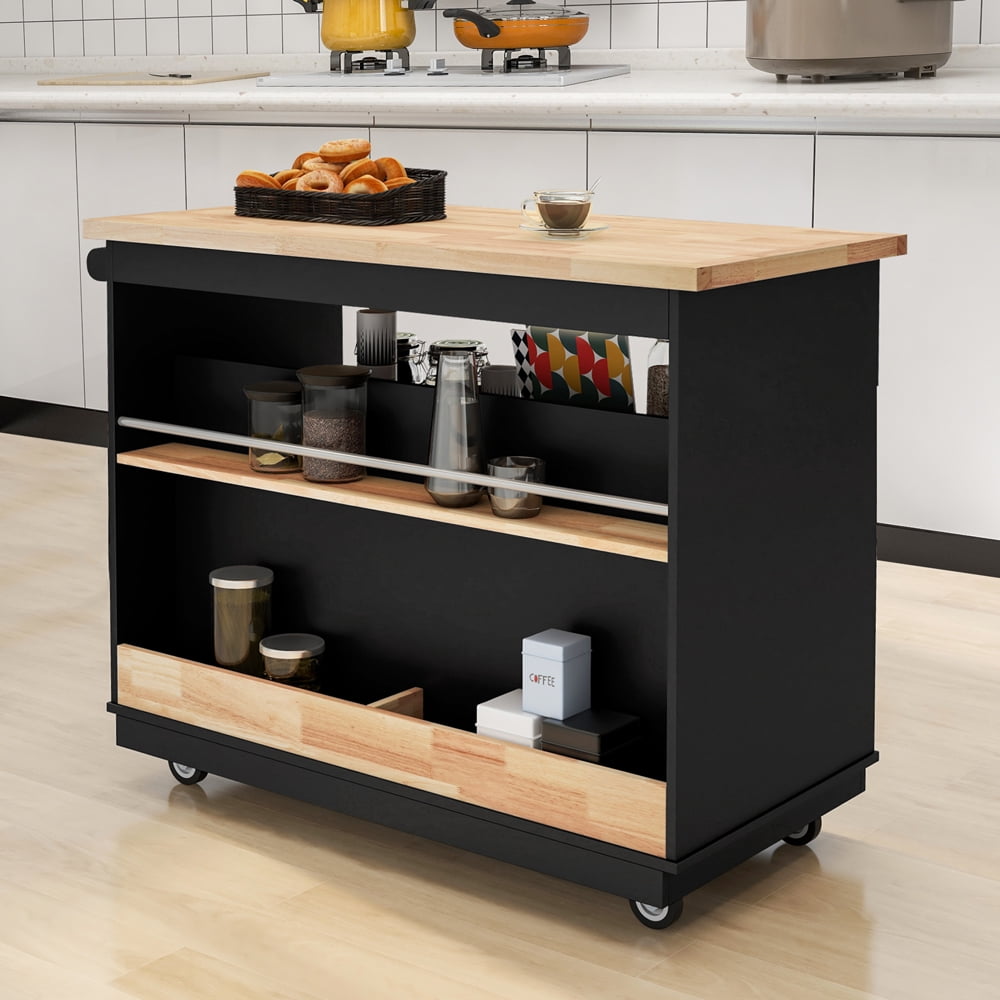 Black Kitchen Island Cart Farmhouse Kitchen Island with Storage, 4Tier