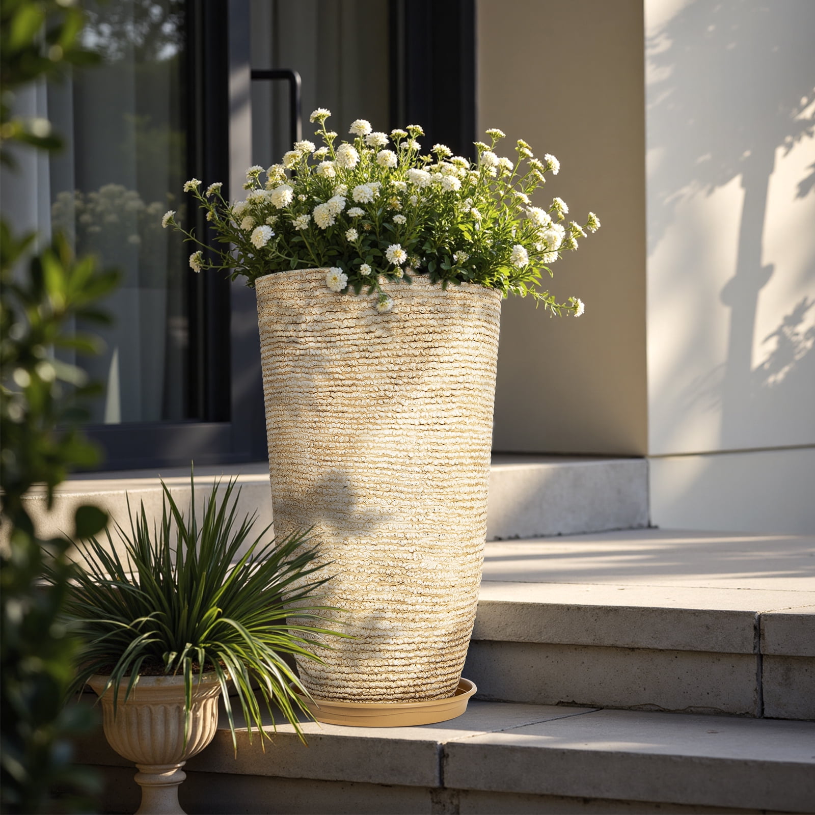 QCQHDU 21 inch Tall Planters with Saucer,2 Pack 9 Gallon Stone Round Pots for Indoor Plants,Outdoor Patio & Porch Decor, Heavy Duty Weatherproof Plant Containers,Beige