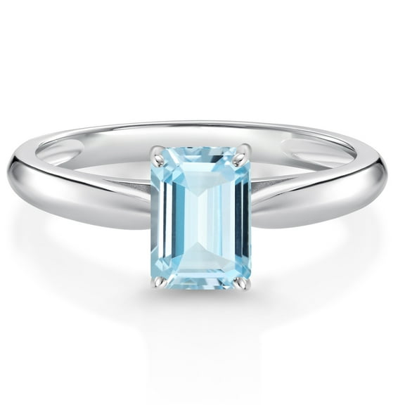 Gem Stone King 0.80 Ct Octagon Sky Blue Aquamarine 10K White Gold Solitaire Engagement Ring (Size 6)