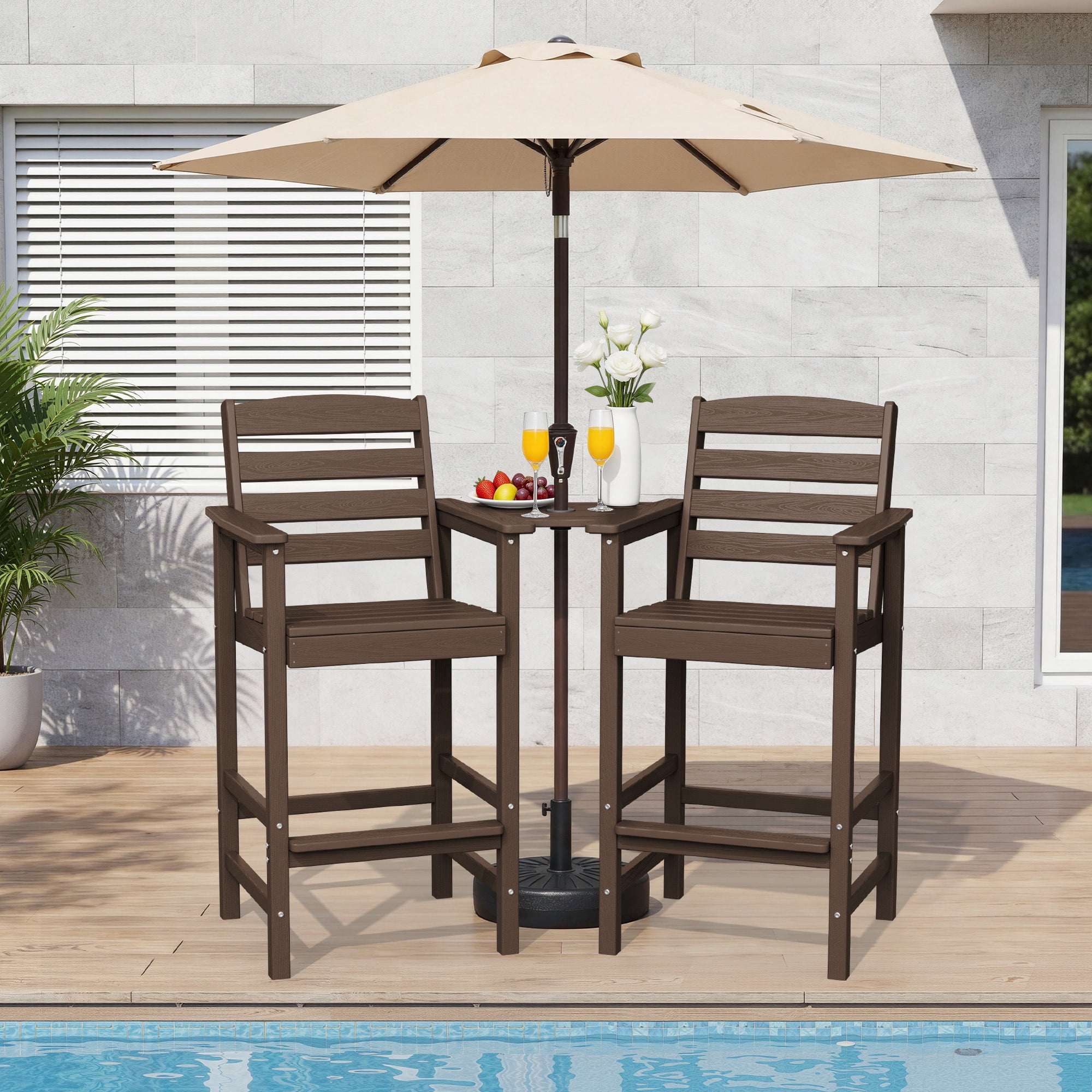 RIAFUN HDPE Height Bar Stools Set of 2 with Removable Connecting Table, Weather Resistant Outdoor Tall Adirondack Chairs with Umbrella Hole for Patio, Poolside, Garden, Coffee