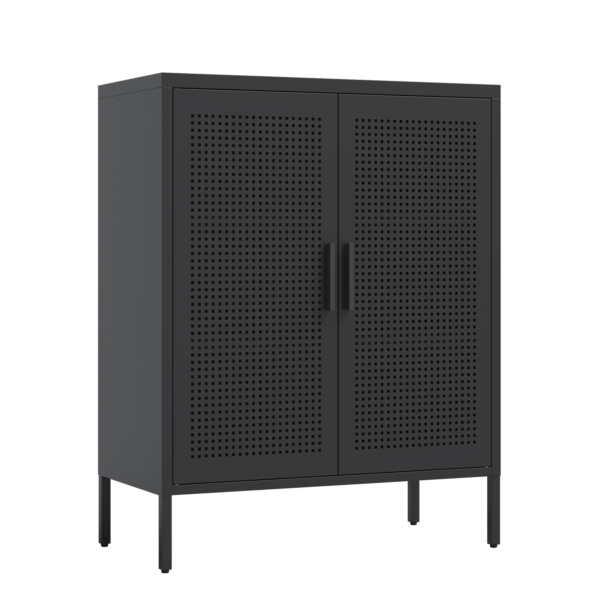 AENKYO Heavy-Duty Steel Cabinet with Ventilated Grid Doors & Gold Handle, Adjustable Shelves, for Home & Office, Black
