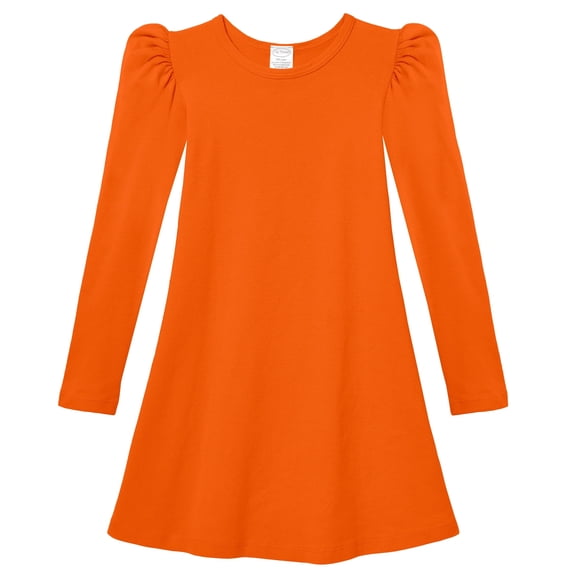 Girls Soft Cotton Puff Long Sleeve Dress | Orange