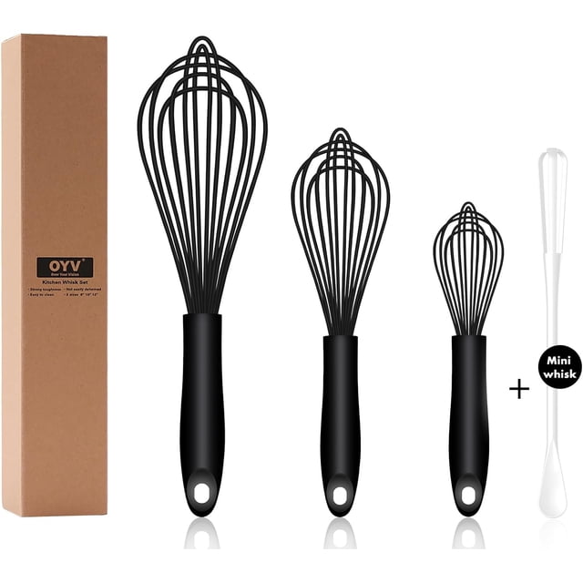 OYV Dishwasher Safe Silicone Whisk, Sealed Waterproof Design Set of 3, Professional Kitchen Whisks for Cooking Non-Scratch, Silicone & Stainless Steel Whisk, Heat Resistant Balloon Egg Beater, Black