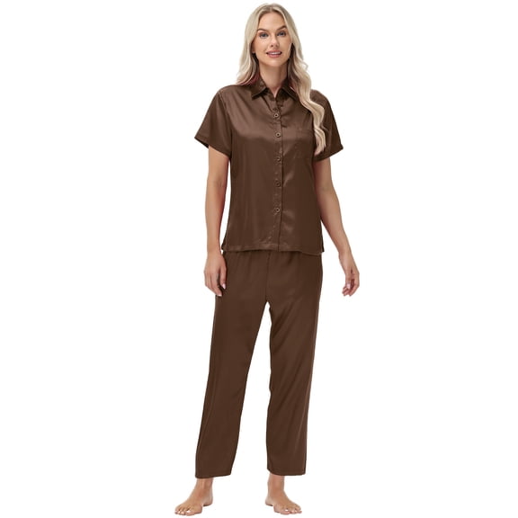 Usloyux Women's 2 Piece Outfits Short Sleeve Collared Shirt and Pants Matching Lounge Set Solid Casual Tracksuit with Elastic Waist, Coffee M