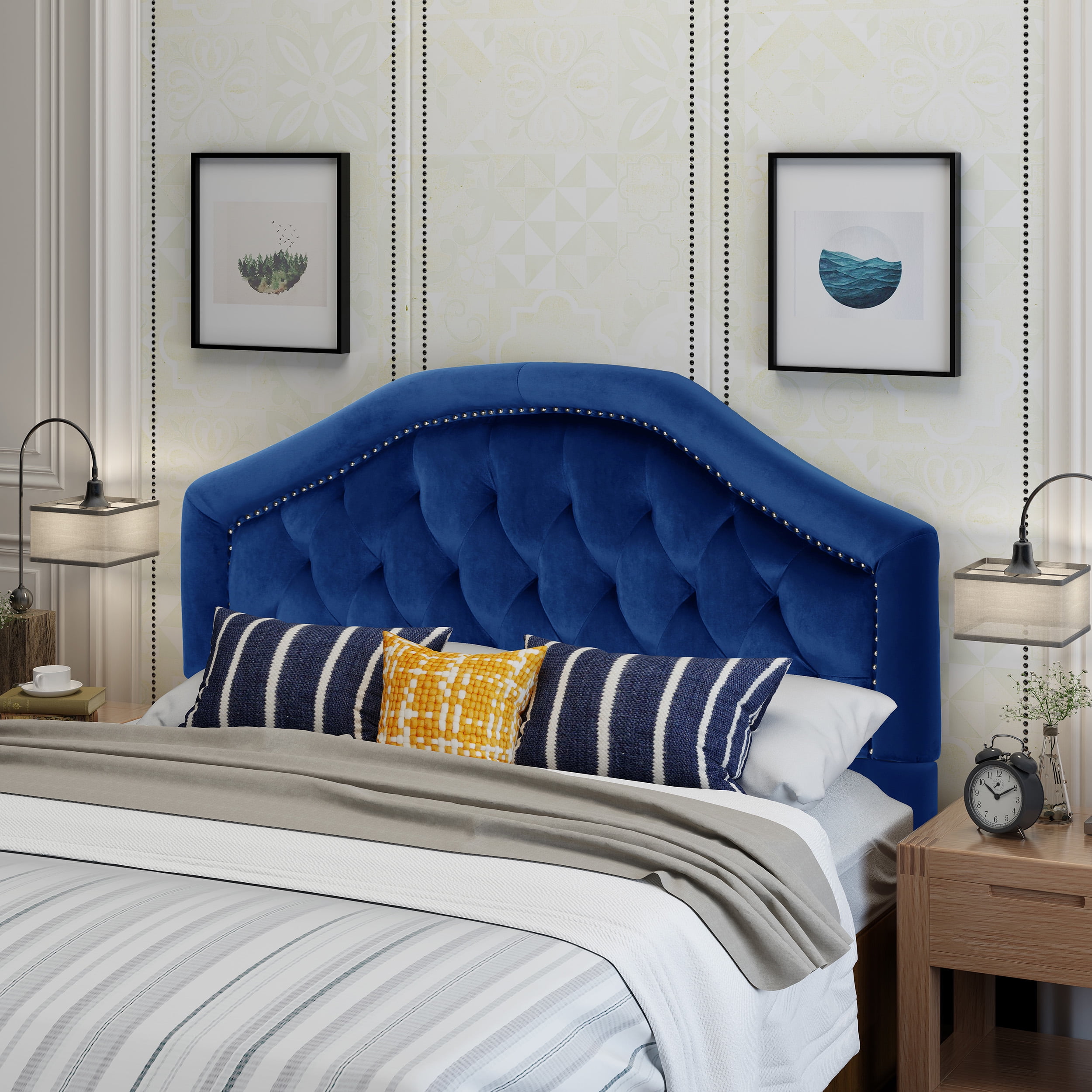 Lazarus Glam Velvet Full/Queen Headboard, Navy Blue and Black