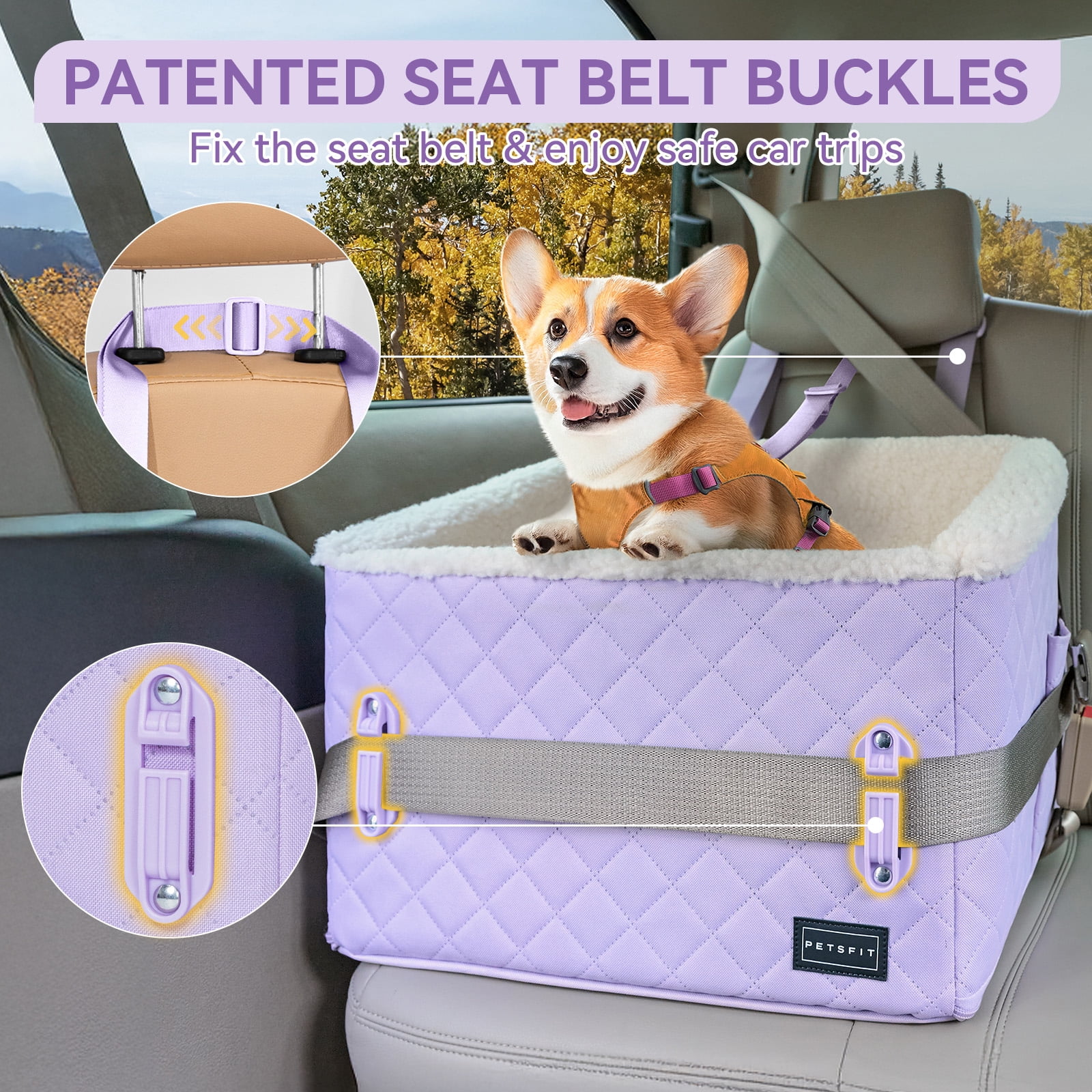 PETSFIT Dog Booster Car Seat, Soft Foam,Patented Safety Buckles, Storage Pockets and Detachable Clip-On Safety Leash, 30 LBS (Purple)
