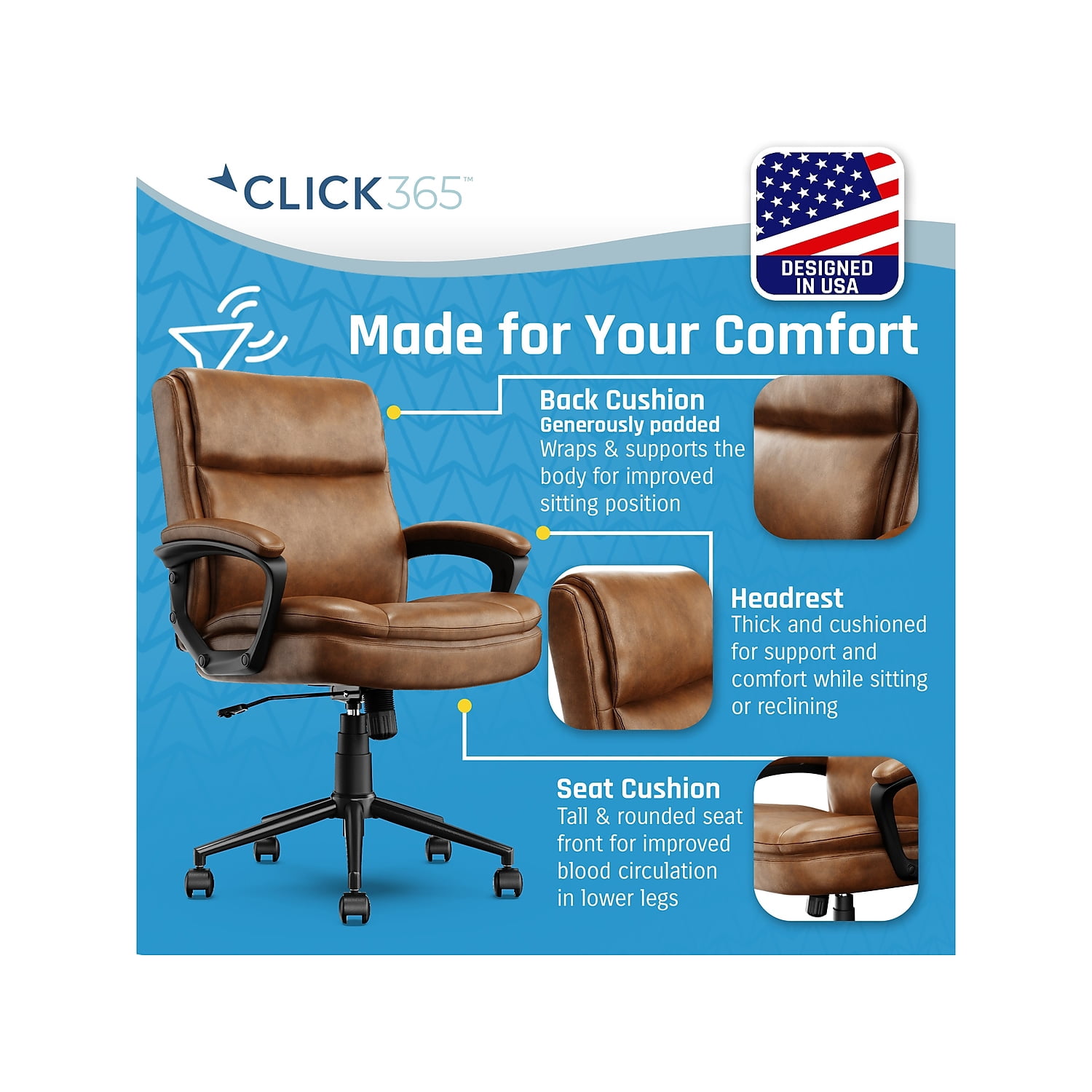 Click365 Transform 2.0 Ergonomic Mid Back Desk Chair Bonded Leather Cognac