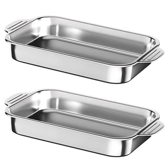 2 Pcs Stainless Steel Baking Pans, Large 16.1 x 9.4 x 3.1 in Flat Bottom Cake Pans, Deep Roasting Pan Set for Baking, Roasting, and Serving