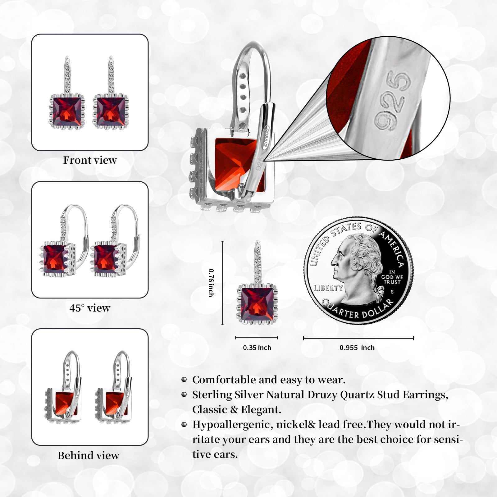 925 Sterling Silver Lever Back Earrings with Princess Cut Cubic Zirconia for Women
